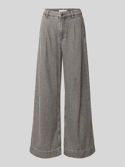Produktfoto, Wide Fit Jeans mit gelegten Falten von MYON in Grau, reine Baumwolle, Knopf- und Reißverschluss, Seiten- und Gesäßtaschen