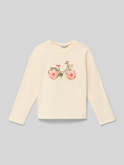 Produktfoto, Langarmshirt mit Rundhalsausschnitt von Mayoral in beige, Baumwollmischung, gerader Schnitt, langärmlig, Rückenlänge 38 cm in Größe 116, florales Fahrrad-Design auf der Vorderseite.