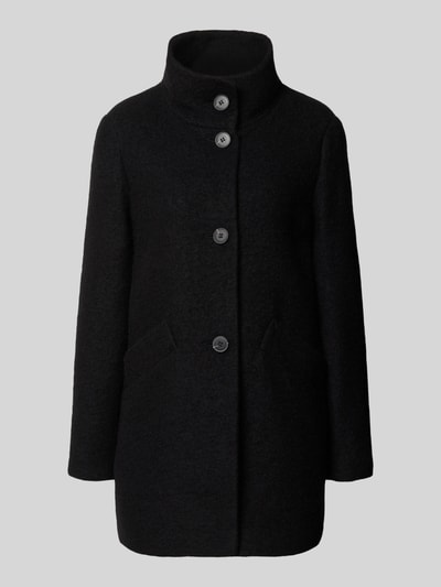 Produktfoto, Regular Fit Jacke aus Woll-Mix von FUCHS SCHMITT in Schwarz mit Stehkragen, Knopfleiste und Eingrifftaschen, strukturierte Oberfläche. Kontext: Damen Jacke, Rückenlänge 82 cm, Schulterbreite 44 cm, Brustweite 51 cm, Ärmellänge 64 cm.