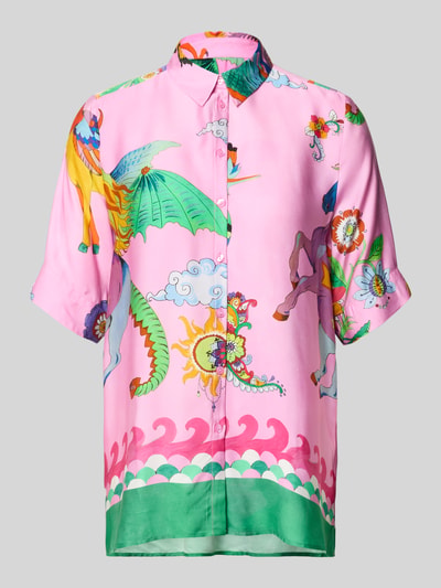Produktfoto, Bluse aus Viskose mit Kentkragen von Milano Italy, różowa bluzka z motywem fantasy, krój straight fit, listwa guzikowa, długość tyłu 65 cm, długość rękawów 30 cm, rozmiar 36