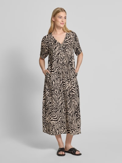 FREE/QUENT Sukienka midi z mieszanki wiskozy z dekoltem w serek model ‘Larin’ Beżowy 1