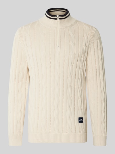 Produktfoto, Strickpullover mit Stehkragen und Reißverschluss von PAUL SMITH in Creme mit Strukturmuster aus reiner Baumwolle, Slim Fit.