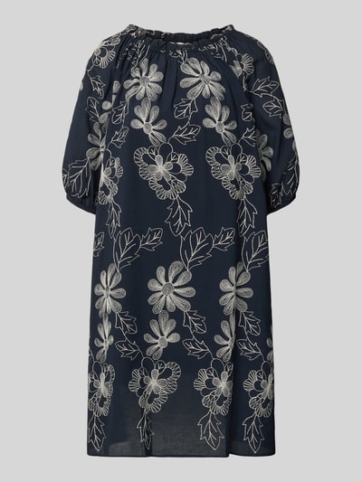 Produktfoto, Knielanges Kleid mit Rundhalsausschnitt und Raffungen von Milano Italy, florales Muster, Baumwoll-Mix, Loose-Fit, 1/2-Arm, dunkelblau
