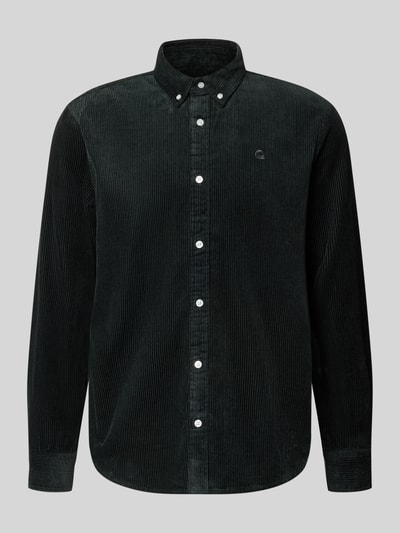 Produktfoto, Regular Fit Freizeithemd mit Logo-Stitching Modell 'MADISON' von Carhartt Work In Progress aus reiner Baumwolle in Dunkelgrün, feine Cordstruktur, Knopfleiste und Button-Down-Kragen, abgerundeter Saum.