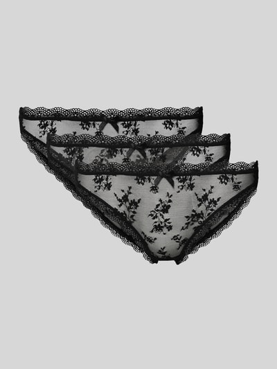 Produktfoto, Slip aus Spitze Modell 'LANA LACE' im 3er-Pack von DORINA, schwarzer Material-Mix mit Stretch-Anteil, florale Textur, elastischer Bund, körpernahe Passform.