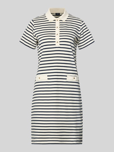 Produktfoto, Knielanges Kleid mit Polokragen Modell 'Travissa' von JOOP!, cremefarben mit dunkelblauen Streifen, reine Baumwolle, gerader Schnitt, Knopfleiste, zwei Pattentaschen, Struktur glatt.
