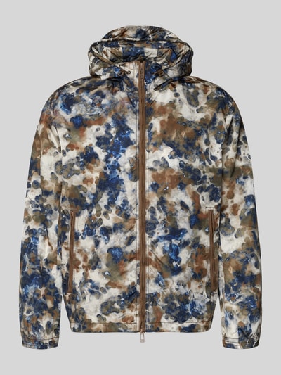 Productfoto, Blouson met capuchon en tweewegritssluiting van ARMANI EXCHANGE, regular fit, all-over print, tunnelkoord, ritszakken, ruglengte maat M 71 cm, schouderbreedte 53 cm, borstwijdte 64 cm, mouwlengte 64 cm, kleurenmix bruin, blauw en wit, opvallende textuur.