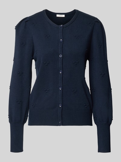 Productfoto, Strickjacke aus Viskose-Mix mit Knopfleiste Modell 'MANINA' van B.Young, donkerblauw, doorlopende knoopsluiting, ribboorden, getailleerde pasvorm, viscosemix met stretch, ronde hals, dames, ruglengte 53 cm, mouwlengte 64 cm.