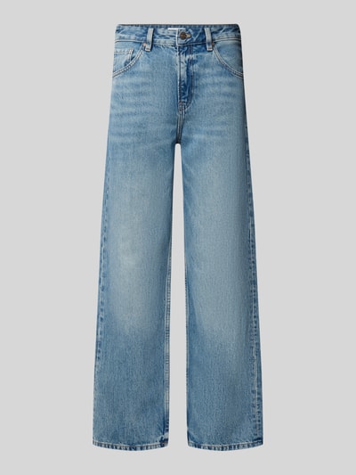 Produktfoto, blaue Straight Fit Jeans aus reiner Baumwolle Modell 'MIAMI' von MANGO mit Gürtelschlaufen und 5-Pocket-Design, neutrale Hintergrundfarbe, Kontext: Damen Jeans, Knopf- und Reißverschluss, Bundweite 37 cm, Innenbeinlänge 75 cm