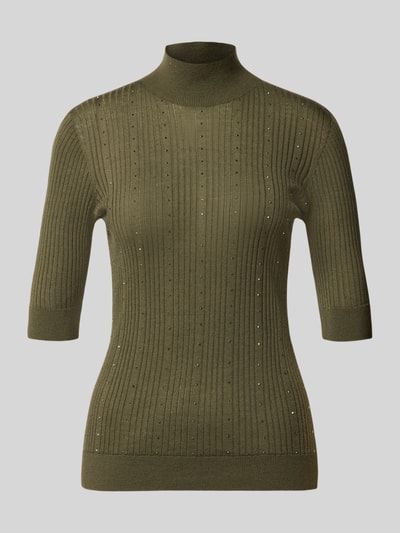 Produktfoto, Slim Fit Longsleeve aus reiner Lanawolle Modell 'Maglia Costine' von Liu Jo White, olivgrün, feine Rippenstruktur, Stehkragen, halblange Ärmel, semitransparent, schmale Passform