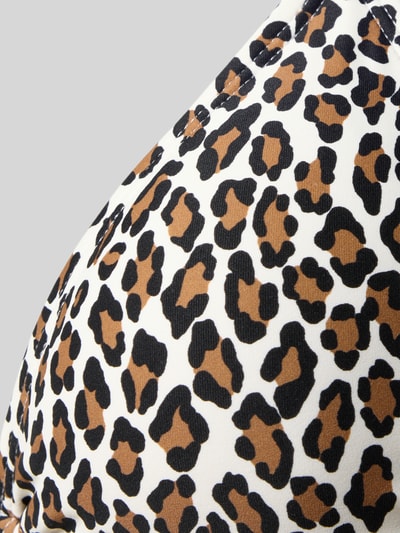 Produktfoto, Bikini-Oberteil mit Allover-Animal-Print von Michael Kors aus Elastischer-Material-Mix mit Ketten-Optik und Neckholder, braun-schwarzes Muster auf weißem Grund, glatte Textur.