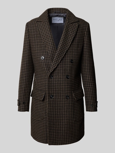 Produktfoto, braun-schwarzer Regular Fit Mantel aus Woll-Mix mit Hahnentritt-Muster, Reverskragen und doppelte Knopfleiste, Christian Berg Men