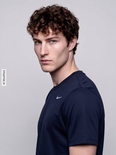 Mężczyzna model nosi granatowy Regular Fit Sport-T-Shirt mit Logo-Print von Nike, koszulka sportowa Herren Sport-T-Shirt von Nike Training, zbliżenie na górną część ciała, KI-modifiziertes Bild.