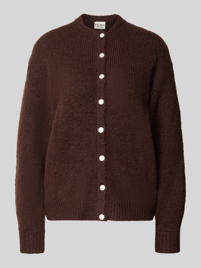 Produktfoto, kardigan rozpinany Relaxed Fit Strickjacke mit Woll-Anteil Modell 'Belablue' von ICHI, brązowy, elastyczna mieszanka materiałów z dodatkiem wełny, długi rękaw, okrągły dekolt, prążkowane ściągacze, długość tyłu w rozmiarze S: 57 cm, długość rękawów w rozmiarze S: 71 cm