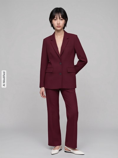 Vrouwenmodel draagt bordeauxrode wijdte broek uit viscosemix model 'RITA' van Selected, Dames wijdte broek, full body frontaal, KI-modificeerd beeld