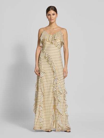 Modelka kobieca nosi Slim Fit Maxikleid mit Rüschenbesatz von Jake*s Cocktail w jasnym kolorze z nadrukiem, długą sukienkę na ramiączkach, z falbanami, dekoltem w szpic, krój slim fit, długość pleców w rozmiarze 36: 130 cm, szerokość w rozmiarze 36: 37 cm, widok całej sylwetki z przodu.