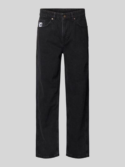 Produktfoto, Baggy Jeans im 5-Pocket-Design mit Logo-Stitching von KARL KANI aus reiner Baumwolle in Schwarz, sichtbare Nähte, strukturierte Textur