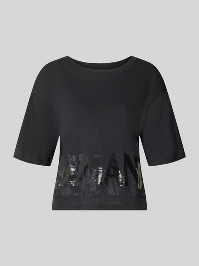 Produktfoto, zwart t-shirt van puur katoen met labelprint van pailletten, los model, ronde hals, ruglengte maat S 45 cm, T-shirt met paillettenbesatz van Armani Exchange
