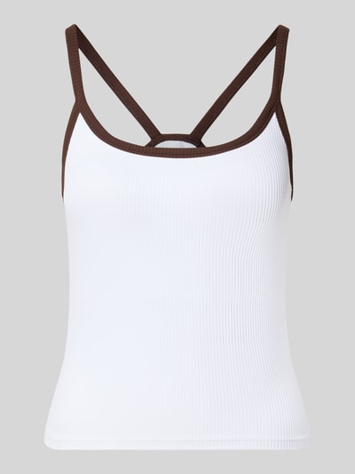 Produktfoto, Slim Fit Top mit Strukturmuster von VARLEY, weiß-braun, elastischer Material-Mix, Rundhalsausschnitt, Spaghettiträger