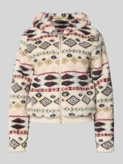 Produktfoto, Regular Fit Sweatjacke mit Kapuze Modell 'ANNA' von Only, Optik:Allover-Muster, mehrfarbig, Teddy-Fell, Reißverschluss, Label-Stitching.