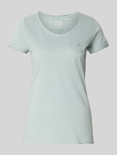 Produktfoto, T-Shirt mit Brusttasche Modell 'GS23' von G.I.G.A. DX, jasnozielony, czysta bawełna, krój regular fit, dekolt w serek, kobiece, długość tyłu w rozmiarze 36: 64 cm