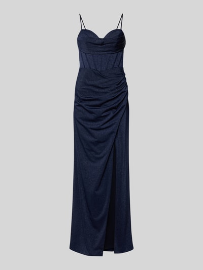 Produktfoto, Abendkleid mit Spaghettiträger von Jake*s Cocktail in Dunkelblau, taillierter Schnitt, Material-Mix mit Stretch, Raffungen, Gehschlitz, Nahtreißverschluss, blickdichtes Unterkleid, dezente Glanzstruktur, strukturierte Oberfläche, figurbetont, Herz-Ausschnitt