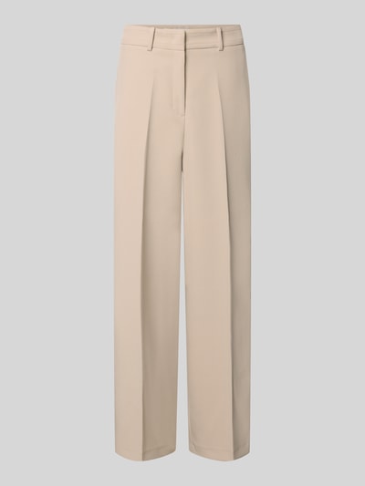 Produktfoto, Straight Fit Hose mit Viskose-Anteil von MORE & MORE in Beige mit Bügelfalten, elastischer Material-Mix, auf hellem Hintergrund.