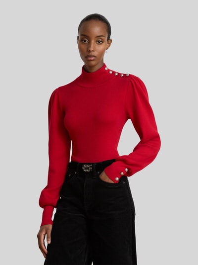 Vrouwenmodel draagt Slim Fit Turtleneck-pullover uit mix van katoen en modal van Lauren Ralph Lauren in rood, Dames, Nahaufnahme bovenlichaam.