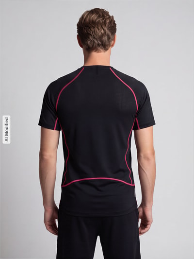 Mężczyznęmodel nosi czarne t-shirt z różowymi liniami, gładka faktura, Slim Fit Sport-T-Shirt mit Label-Print Modell 'Pro' von Nike, Herren Sport-T-Shirt, Ganzkörperansicht Rückansicht, KI-modifiziertes Bild