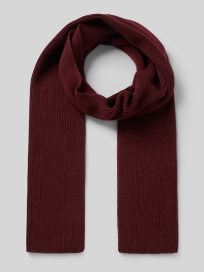 Productfoto, Schal aus Schurwoll-Mix mit Kaschmir-Anteil van Unio, rechthoekig, gebreide structuur, bordeauxrood, 29x197 cm, garen uit Italië, made in Germany.