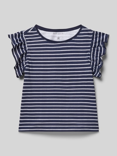 Produktfoto, Regular Fit T-Shirt mit Rüschenbesatz von Blue Seven, Kinder T-Shirt, Reine Baumwolle, Brusttasche, Rückenlänge 38 cm bei Größe 116, dunkelblau-weiß gestreift
