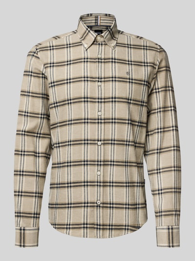 Produktfoto, Regular Fit Freizeithemd aus reiner Baumwolle Modell 'LIAM' von BOSS mit Allover-Muster, kariert, Button-Down-Kragen, Logo-Stitching, beige-braune Farbtöne, gebürstete Textur