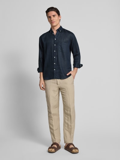 Fynch-Hatton Regular fit linnen overhemd met button-downkraag Marineblauw - 1