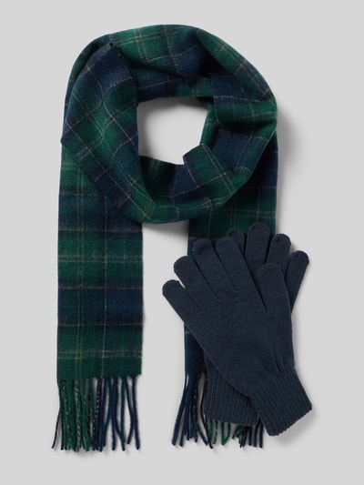 Produktfoto, Schal mit Handschuhen im 2-teiligen Set von BARBOUR aus reiner Wolle, mehrfarbig kariert, Fransen, schlichte Textur, Materialmix
