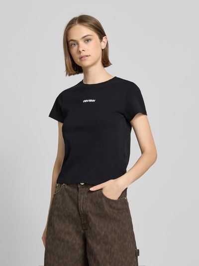 Review T-shirt met labelstitching en ronde hals Zwart - 4