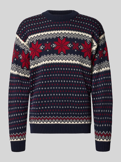Produktfoto, Regular Fit Wollpullover in Strick-Optik Modell 'Egersund' von Dale of Norway, reine Wolle, blau-rot-weißes Muster, Herrenpullover