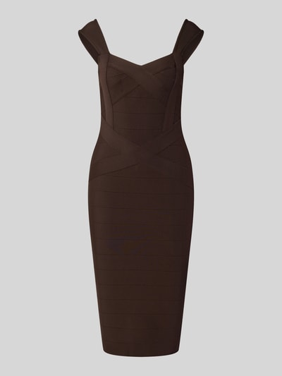 Produktfoto, Cocktailkleid mit Stretch-Anteil von Lipsy in Dunkelbraun, eng anliegend, Midilänge, Herz-Ausschnitt, ärmellos, feine Nahtstruktur
