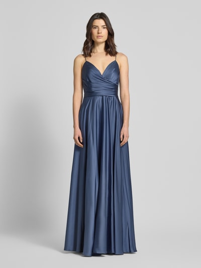 unique Abendkleid aus Satin mit V-Ausschnitt und Spaghettiträgern Rauchblau 4