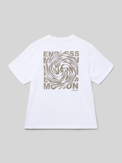 Produktfoto, Regular Fit T-Shirt mit Statement-Print von Garcia, Kinder T-Shirt aus Reine Baumwolle, weiß mit beigem Print, Rundhalsausschnitt, Rückenlänge bei Größe 140: 53 cm.