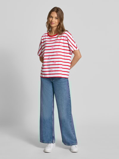 Oui T-Shirt mit Rundhalsausschnitt und Stitchings Hellrot 1