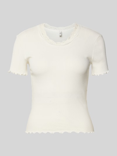 Produktfoto, Slim Fit T-Shirt aus Baumwoll-Mix Modell 'VINI' von Only, Optik: Unifarben, Spitzenbesatz, Ripp-Struktur, Frill-Abschlüsse