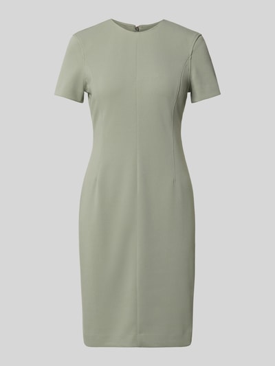 Produktfoto, Knielanges Etuikleid mit Rundhalsausschnitt von Calvin Klein Womenswear z mieszanki materiałów z dodatkiem streczu, prosty krój, długość do kolan, okrągły dekolt, długość tyłu w rozmiarze S: 92 cm, szerokość w rozmiarze S: 43 cm, długość rękawów w rozmiarze S: 19 cm, kolor jasna zieleń, gładka tekstura