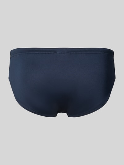 Produktfoto, Badehose mit Logo-Patch von Emporio Armani in Dunkelblau aus Material-Mix mit Stretch-Anteil, elastischer Bund, Rückansicht.