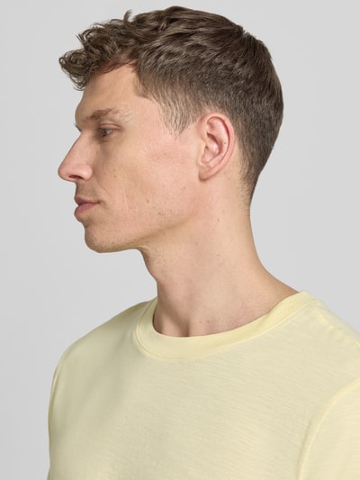 Männermodel trägt Regular Fit T-Shirt mit Rundhalsausschnitt von MCNEAL in Hellgelb, reine Baumwolle, Nahaufnahme Oberkörper.