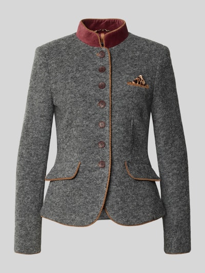 Produktfoto, Blazer mit Brustleistentasche und Einstecktuch von White Label aus grauem Stoff, taillierter Schnitt, Stehkragen in Rot, dekorative Knopfleiste, Pattentaschen, kontrastierende Kanten, strukturierte Textur, für Damen