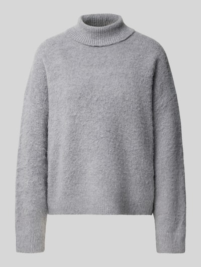 Produktfoto, Regular Fit Pullover mit Leinen-Anteil Modell 'Maglia' von Liu Jo White, elastischer Material-Mix, Rollkragen, grau, strukturierte Oberfläche, Rückenlänge 58 cm, Ärmellänge 49 cm.