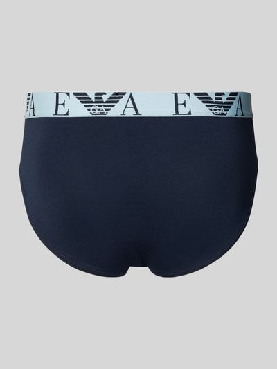 Produktfoto, Slip mit elastischem Logo-Bund im 3er-Pack von Emporio Armani aus dunkelblauem Baumwoll-Elasthan-Mix, körpernaher Schnitt.