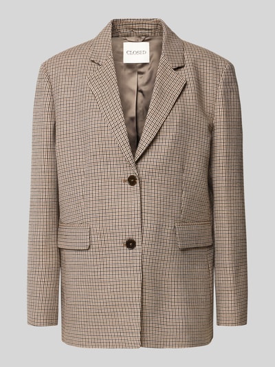 Produktfoto, Relaxed Fit Blazer mit Pattentaschen Modell 'LOLA' von Closed aus Schurwoll-Mix mit Baumwoll-Anteil, Reverskragen, Knopfverschluss, dezentes Karo-Muster in Braun- und Beigetönen, glatte Textur, Vorderansicht