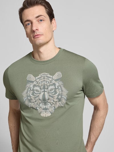 Męski t-shirt z mieszanki bawełny i elastanu, krój regular fit, motyw, okrągły dekolt, Antony Morato, długość tyłu 69 cm, Nahaufnahme Oberkörper