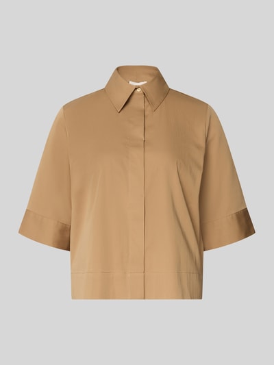 Produktfoto, Boxy Fit Bluse mit verdeckter Knopfleiste von Milano Italy, bawełniana mieszanka ze stretchem, kolor beżowy, krótki rękaw, kołnierzyk koszulowy, damska bluzka, długość tyłu w rozmiarze 36: 54 cm, długość rękawa w rozmiarze 36: 34 cm